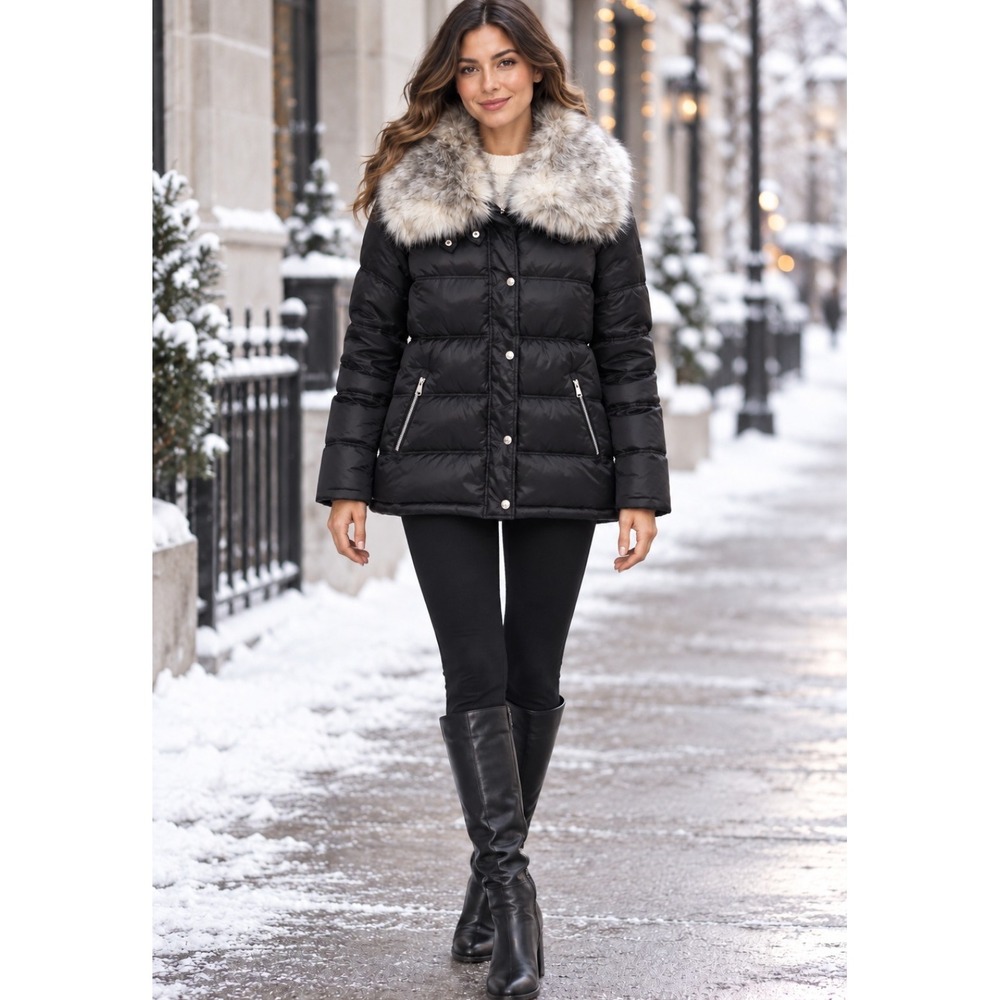 Sam Edelman Black Puffer Coat Faux Fur Collar Quilted Winter Jacket M